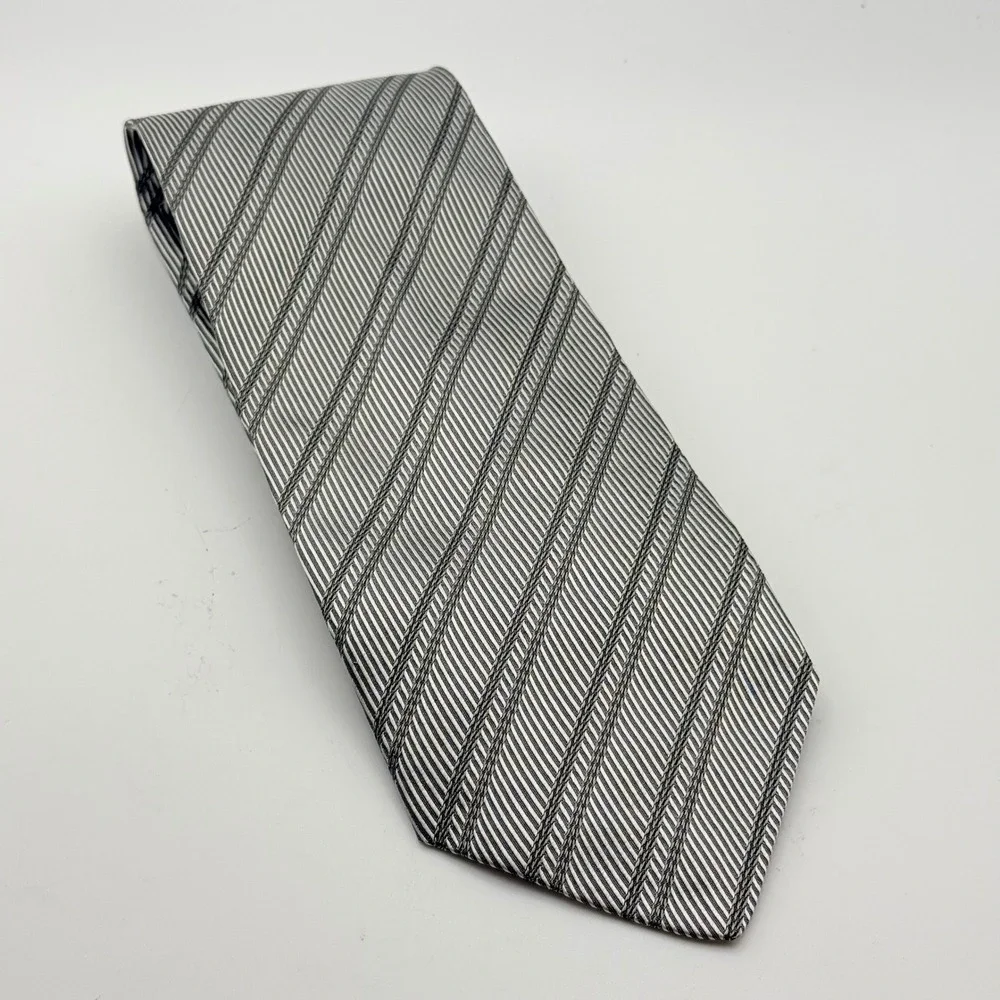XMI for Nordstrom Mens Silk Tie Grey Silver‎ Striped Handmade USA Italian Fabric